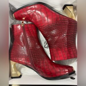 Burgundy Crocodile-Embossed Ankle Boots with Gold Heel